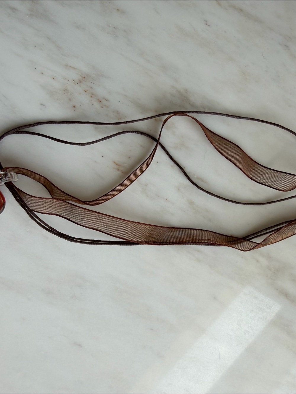 Vintage Y2K Glass Heart Pendant Necklace with brown cord &ribbon- Romantic, Chic - Picture 3 of 5